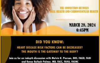 Flyer for a virtual event on women's heart health hosted by NCBW, featuring Melvin K. Pierson and Renee Bullock-Palmer. The event will discuss the mouth-body connection and take place on March 28, 2024, at 6:45 PM.
