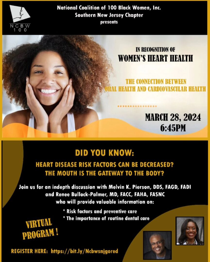 Flyer for a virtual event on women's heart health hosted by NCBW, featuring Melvin K. Pierson and Renee Bullock-Palmer. The event will discuss the mouth-body connection and take place on March 28, 2024, at 6:45 PM.