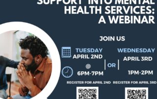 Promotional poster for a webinar titled "Integrating Peer Support Into Mental Health Services" with details about dates, times, and registration links in a blue color scheme.