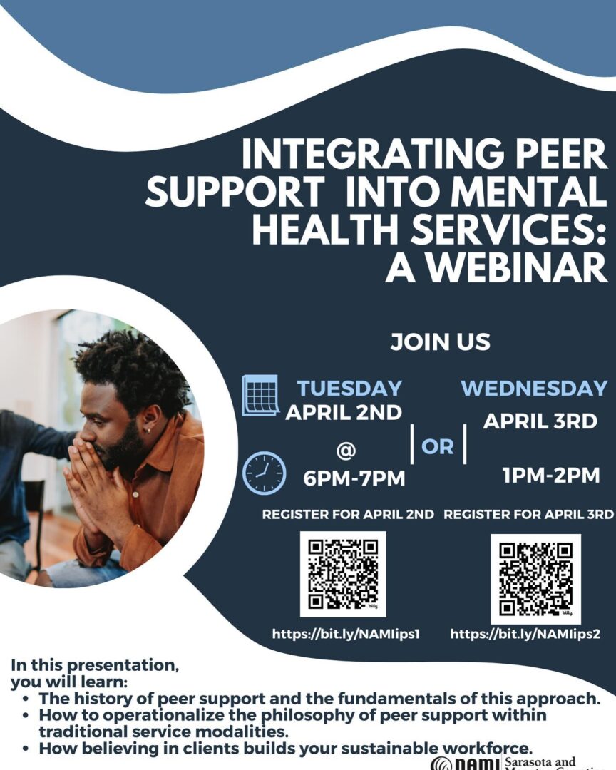 Promotional poster for a webinar titled "Integrating Peer Support Into Mental Health Services" with details about dates, times, and registration links in a blue color scheme.