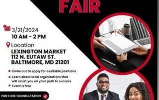 Flyer for the Greater Baltimore Urban League's Job & Resource Fair on 3/21/2024 from 10 AM to 2 PM at Lexington Market, 112 N. Eutaw St, Baltimore, MD. Event is free and includes 1-on-1 consultations.