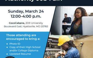 Promotional image for a DC Housing Authority Job Fair on Sunday, March 24, from 12:00-4:00 p.m. at CocoCabana, Hyattsville, MD. Attendees should bring a photo ID, Diploma, and updated resume. Visit www.dchousing.org.