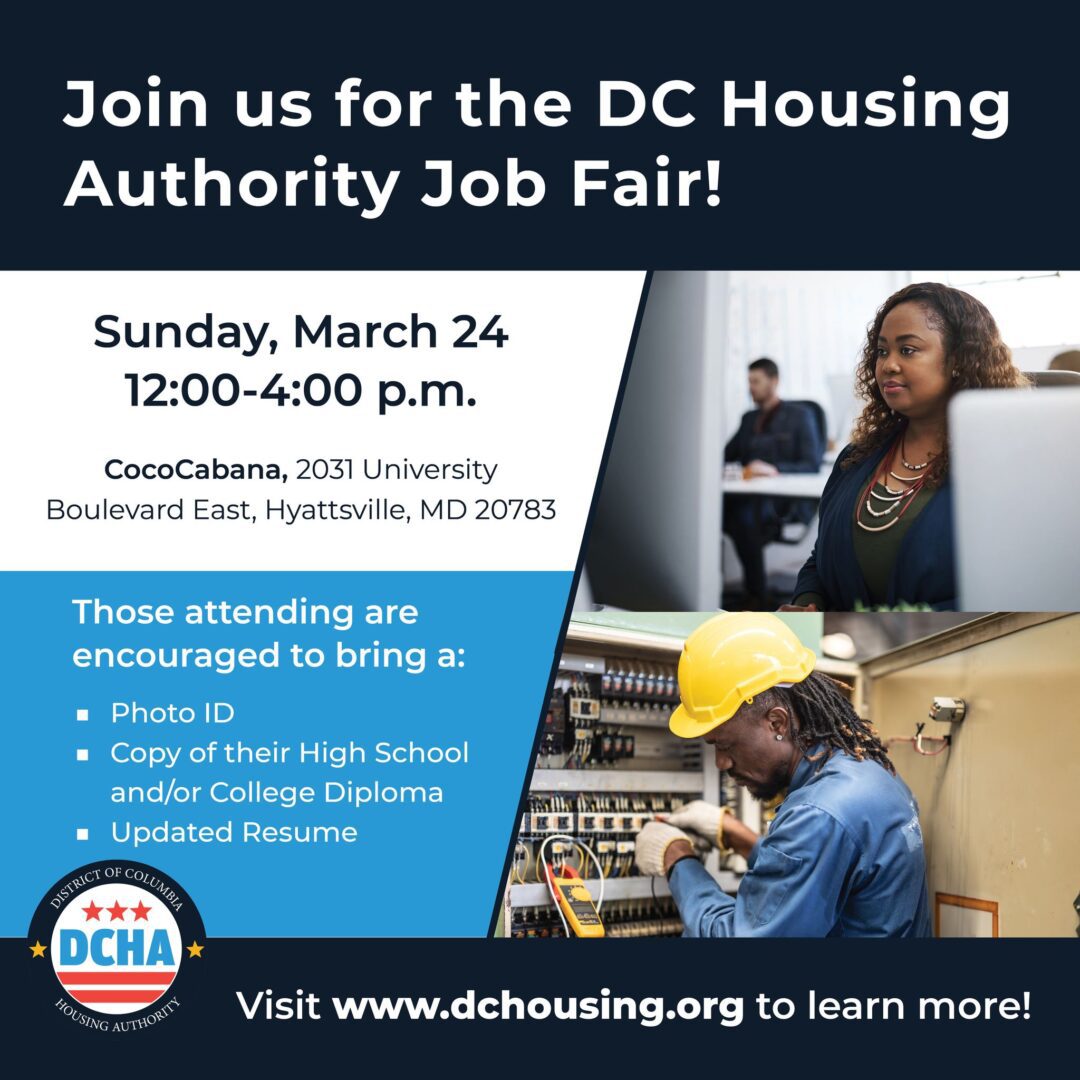 Promotional image for a DC Housing Authority Job Fair on Sunday, March 24, from 12:00-4:00 p.m. at CocoCabana, Hyattsville, MD. Attendees should bring a photo ID, Diploma, and updated resume. Visit www.dchousing.org.