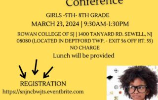 Flyer for the "Journey to STEAM Conference" on March 23, 2024, from 9:30AM to 1:30PM at Rowan College of South Jersey. For girls 5th-8th grade. Free lunch provided. Registration link included.