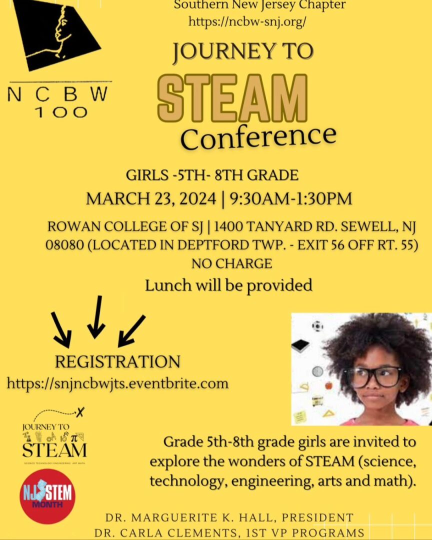 Flyer for the "Journey to STEAM Conference" on March 23, 2024, from 9:30AM to 1:30PM at Rowan College of South Jersey. For girls 5th-8th grade. Free lunch provided. Registration link included.