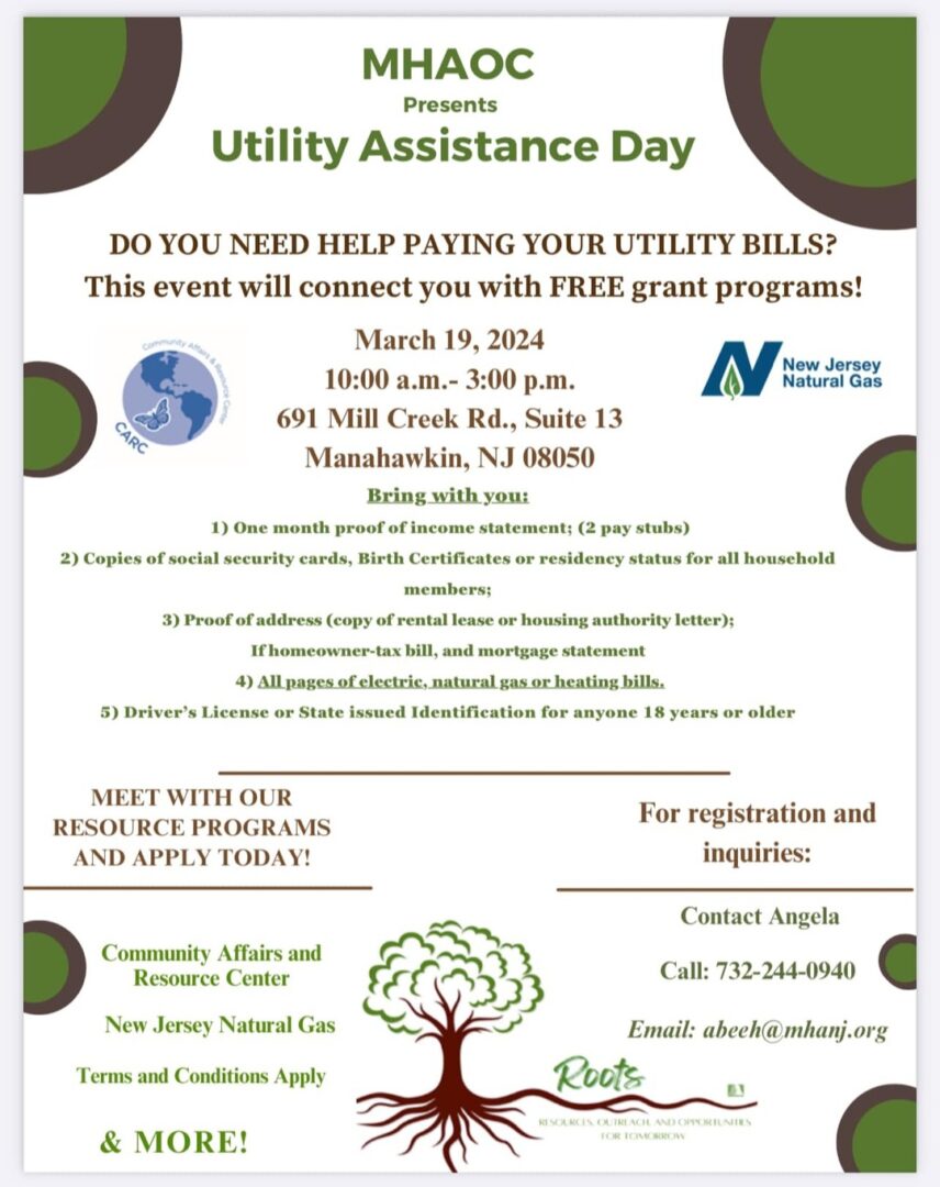 Flyer for MHAOC presents Utility Assistance Day on March 19, 2024, 10:00 a.m.–3:00 p.m. at 691 Mill Creek Rd, Suite 13, Manahawkin, NJ. Event connects attendees with free grant programs to help pay utility bills.