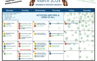 Calendar of events for Women's History Month in March 2024, organized by the Family Success Center. Each day features different activities including support groups, card making, and wellness events.