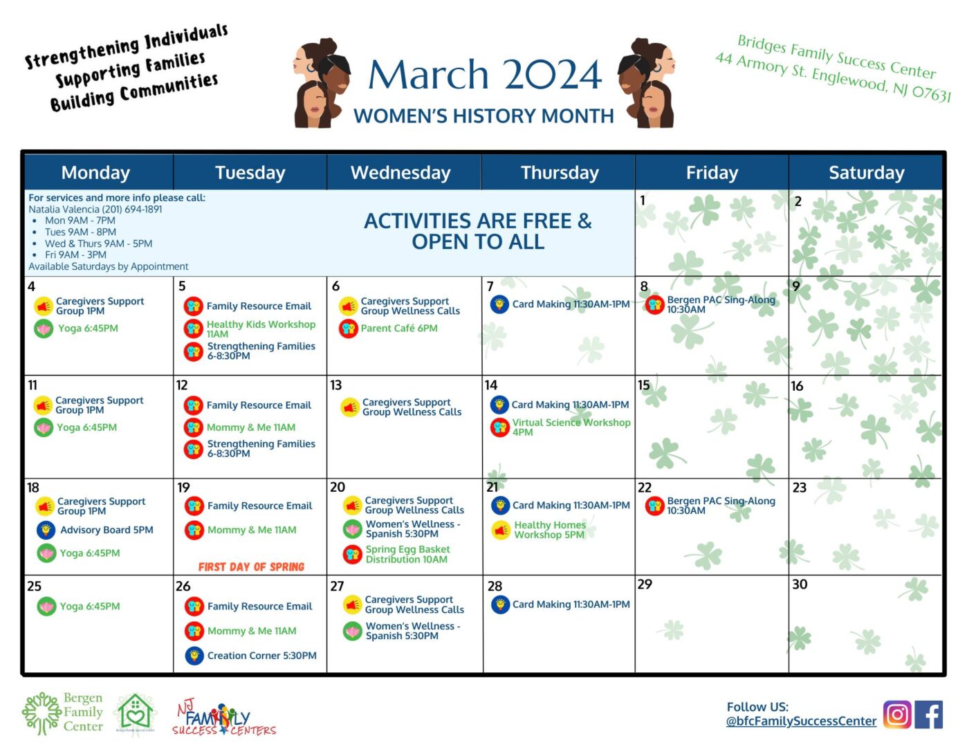 Calendar of events for Women's History Month in March 2024, organized by the Family Success Center. Each day features different activities including support groups, card making, and wellness events.