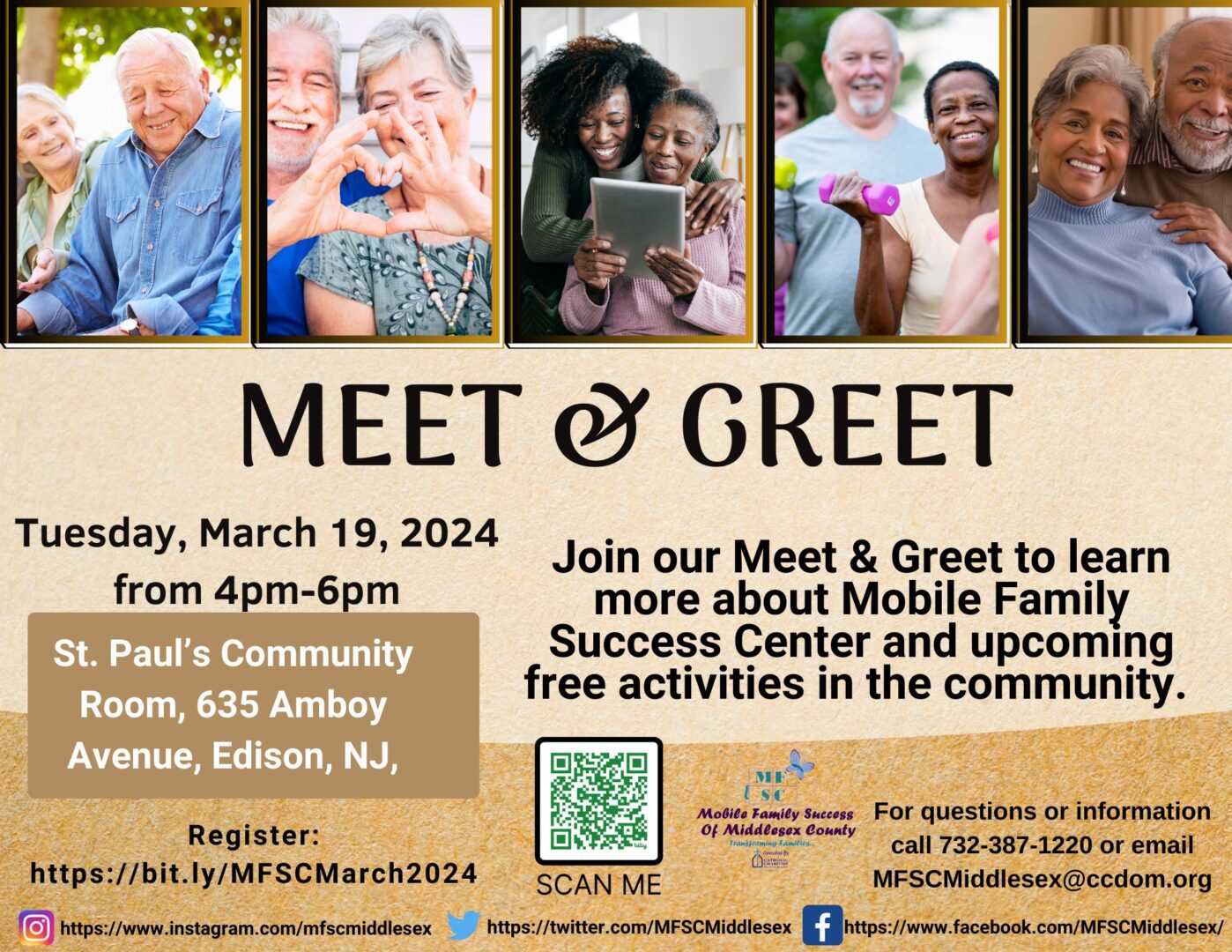 A flyer for a "Meet & Greet" event on Tuesday, March 19, 2024, from 4-6 pm at St. Paul's Community Room, Edison, NJ, detailing the Mobile Family Success Center and contact information.