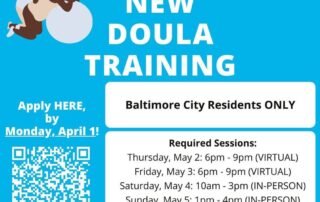 Flyer for new doula training by MFS Cares for Baltimore City residents. Sessions on May 2-5, 2023, held virtually and in-person at 1101 W Pratt St, Baltimore, MD 21223. Apply by April 1.