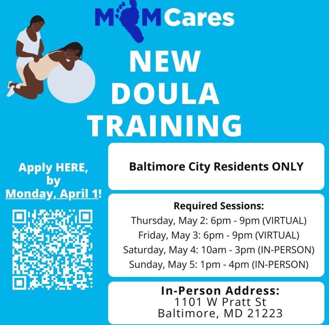 Flyer for new doula training by MFS Cares for Baltimore City residents. Sessions on May 2-5, 2023, held virtually and in-person at 1101 W Pratt St, Baltimore, MD 21223. Apply by April 1.