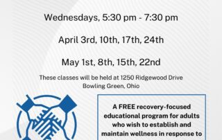 Flyer for NAMI Peer-to-Peer educational program, held on Wednesdays from 5:30 pm - 7:30 pm from April 3rd to May 22nd at 1250 Ridgewood Drive, Bowling Green, Ohio. Free for adults to establish mental health skills.