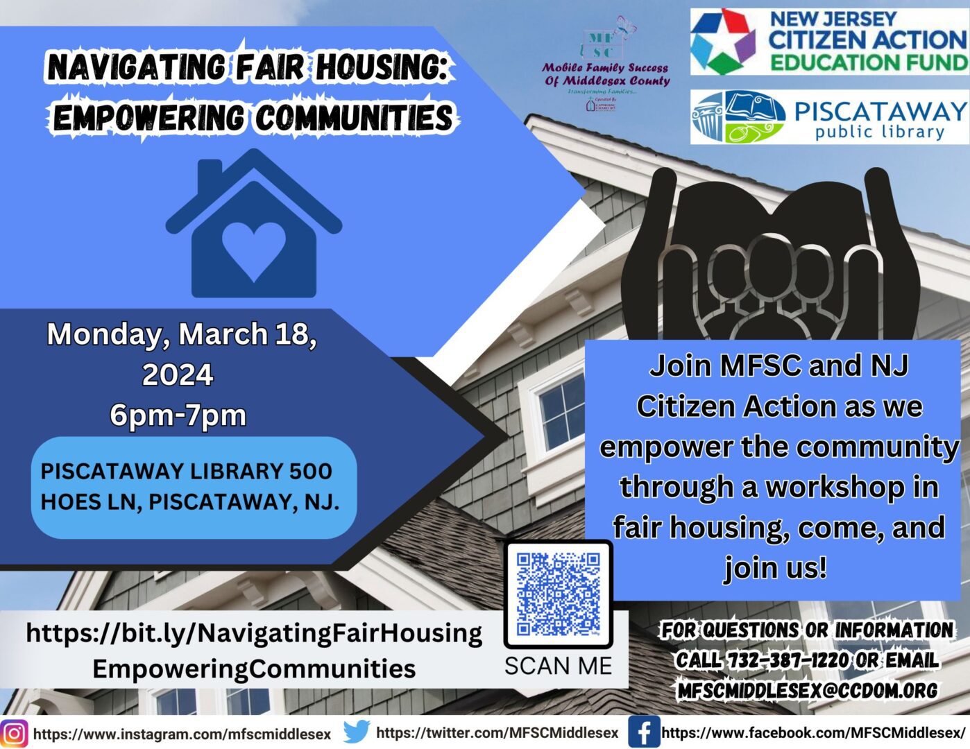 Flyer for "Navigating Fair Housing: Empowering Communities" workshop on March 18, 2024, 6-7pm at Piscataway Library, NJ. Includes contact info, QR code, and images of house, hands, and sponsorship logos.