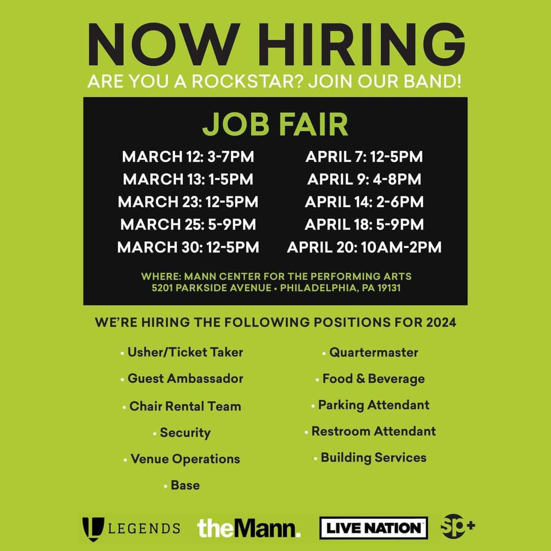 Hiring announcement poster for job fairs scheduled on various dates in March and April at Mann Center for the Performing Arts, Philadelphia. Positions available include Usher, Quartermaster, and more.