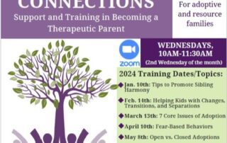 Flyer for "Nurturing Connections" webinars on therapeutic parenting for adoptive and resource families. Sessions occur on Wednesdays via Zoom, 10-11:30 AM, with various topics listed for 2024.