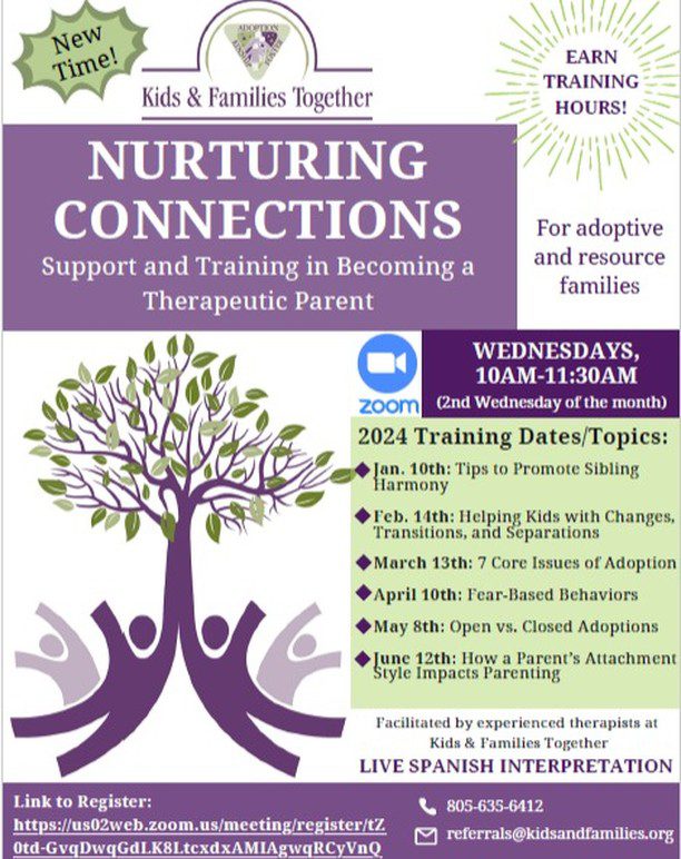 Flyer for "Nurturing Connections" webinars on therapeutic parenting for adoptive and resource families. Sessions occur on Wednesdays via Zoom, 10-11:30 AM, with various topics listed for 2024.