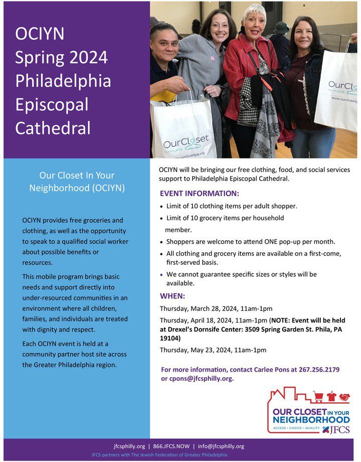 Flyer for OCISYN's Spring 2024 Philadelphia Episcopal Cathedral event. Details about free clothing, food, and social services, with event dates and volunteer information. Contact info included at the bottom.