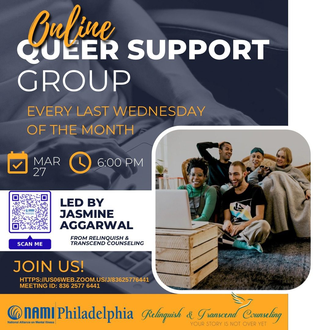 Flyer for an Online Queer Support Group. The group meets every last Wednesday of the month at 6:00 PM. The event is led by Jasmine Aggarwal. The flyer includes an image of people gathered around a laptop.