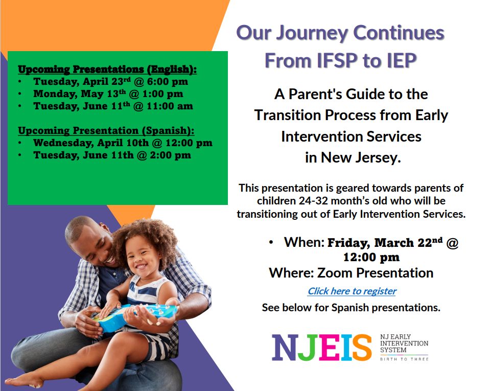 Flyer titled "Our Journey Continues From IFSP to IEP" detailing a parent's guide to transitioning from early intervention services in New Jersey. Contains dates for presentations in English and Spanish.