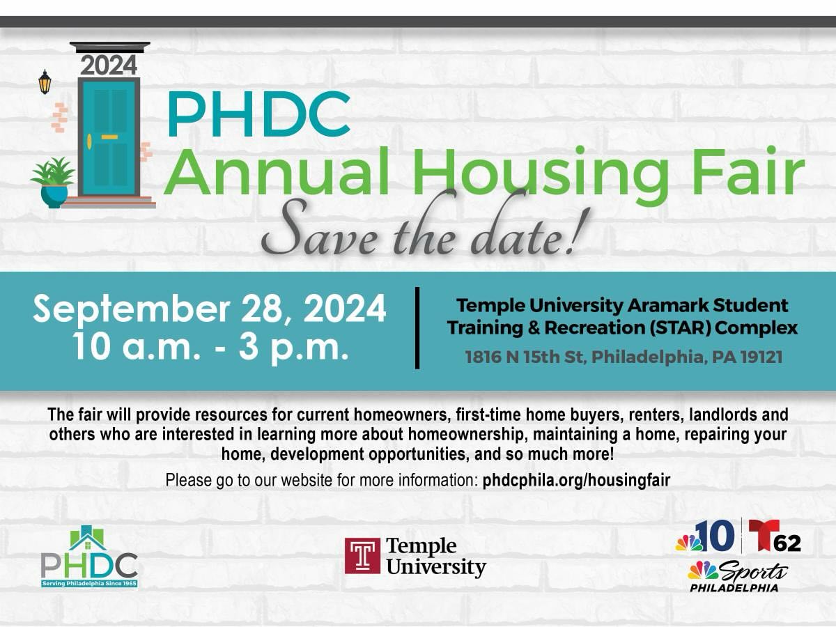 Flyer for the PHDC Annual Housing Fair on September 28, 2024, from 10 a.m. to 3 p.m. at Temple University. Event offers resources for homeowners, renters, and landlords. More info at phdcphila.org/housingfair.