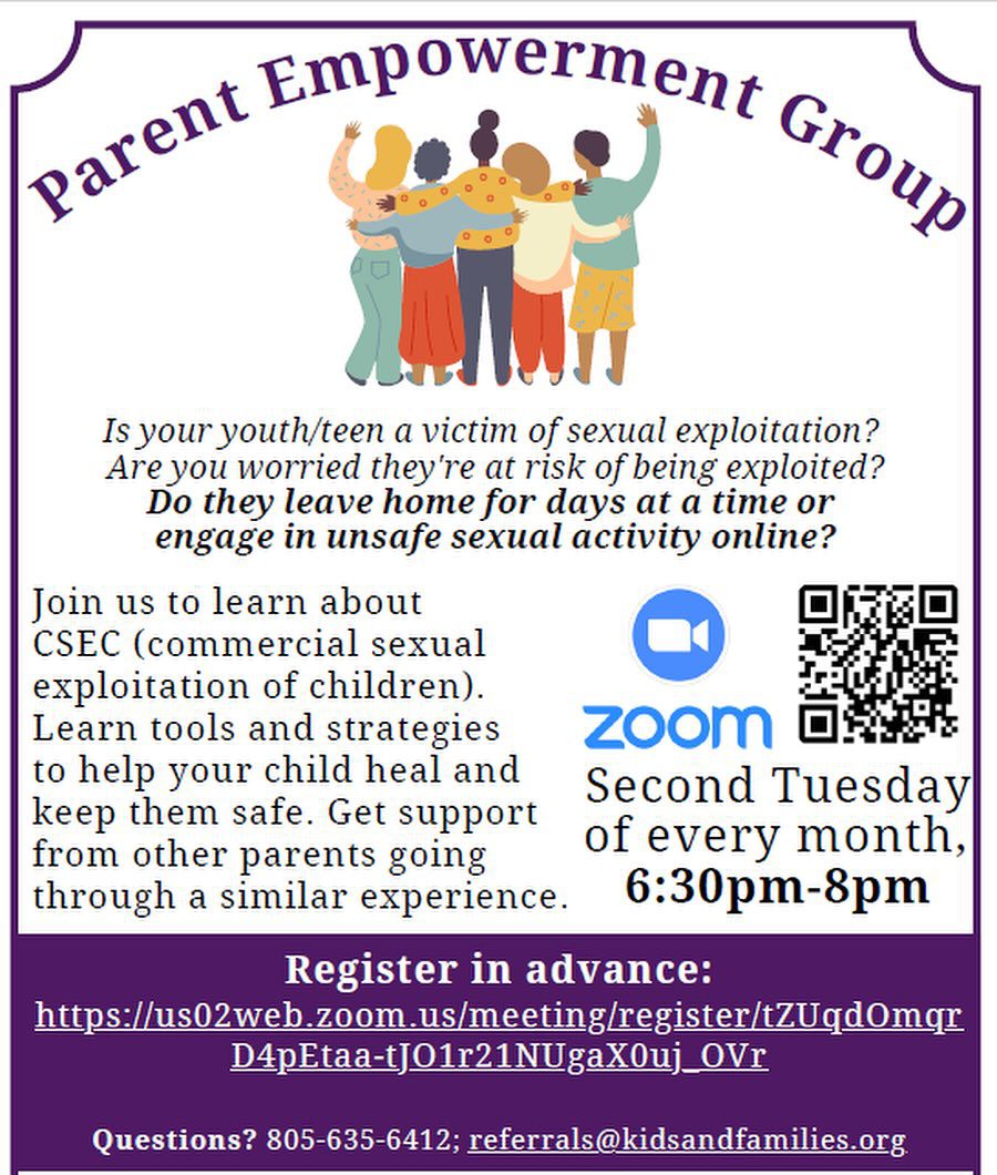 Flyer for "Parent Empowerment Group" with details about meetings held on Zoom every second Tuesday of the month from 6:30pm-8pm, aimed at preventing commercial sexual exploitation of children.