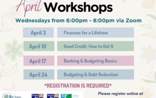 A flyer for "Personal Finance April Workshops" via Zoom, held each Wednesday from 6:00pm-8:00pm. Topics include finances, credit, banking, budgeting, and debt. Registration required.