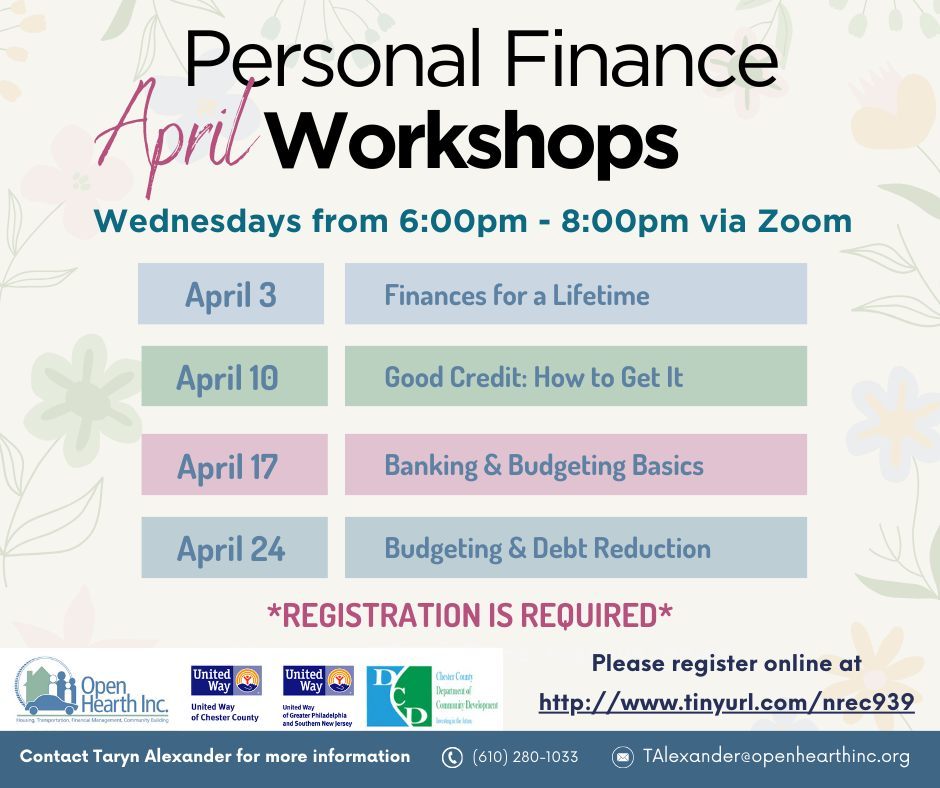 A flyer for "Personal Finance April Workshops" via Zoom, held each Wednesday from 6:00pm-8:00pm. Topics include finances, credit, banking, budgeting, and debt. Registration required.