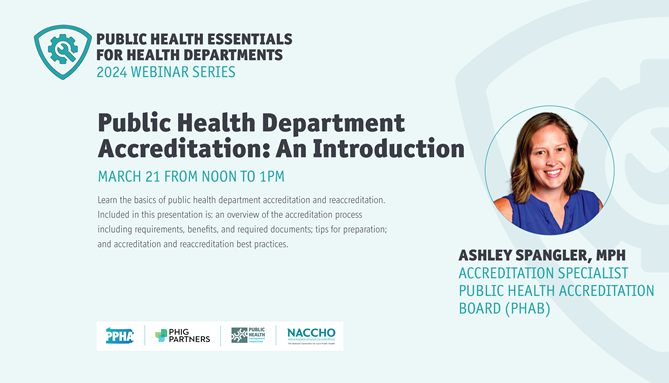 Webinar announcement titled "Public Health Department Accreditation: An Introduction" featuring speaker Ashley Spangler, MPH. Scheduled for March 21, from noon to 1 PM. Hosted by public health organizations.