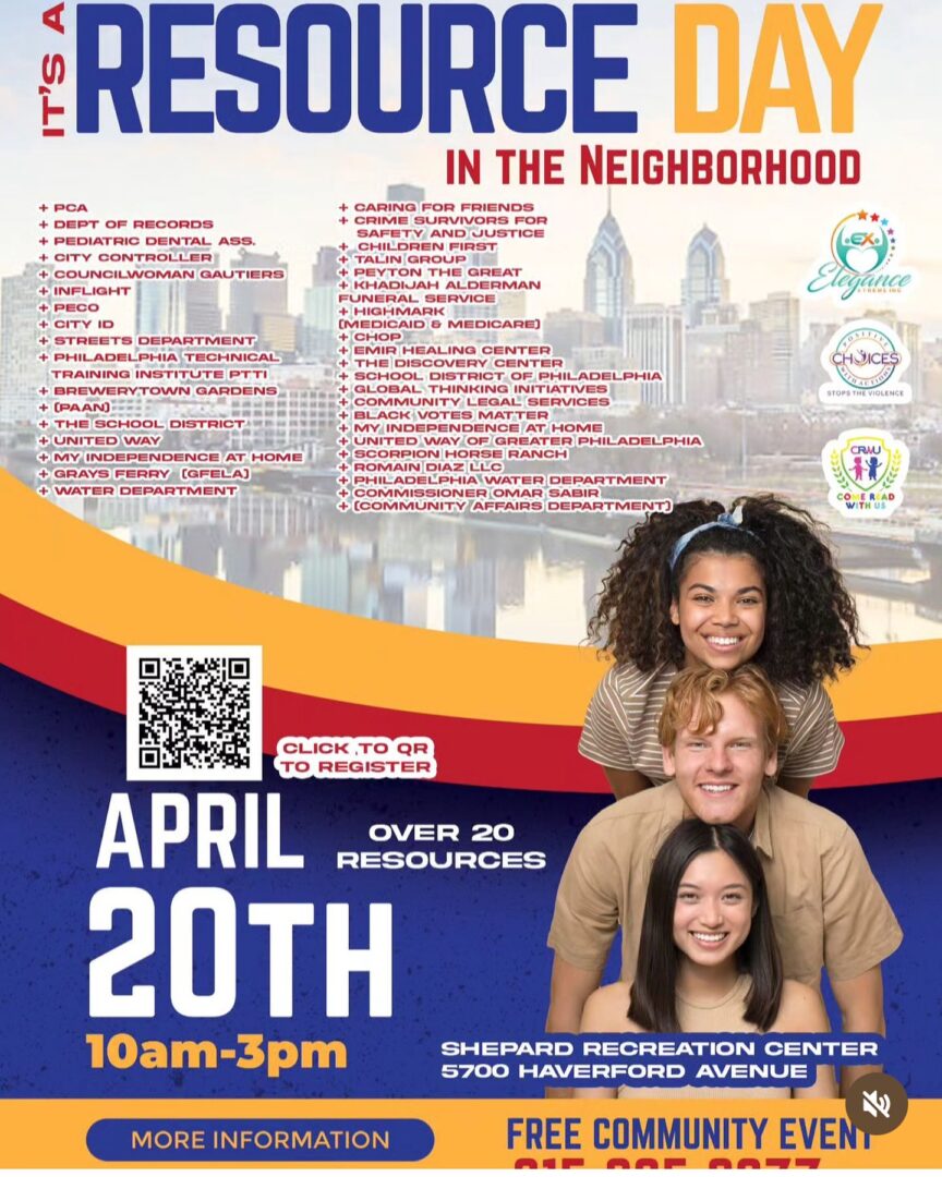 Flyer for "Resource Day in the Neighborhood" on April 20th from 10am-3pm at Shepard Recreation Center, listing various services and featuring a QR code for registration.