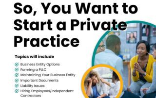 Informational flyer for "So, You Want to Start a Private Practice" on April 22 at 6pm EST by NASW-NYS, featuring topics like entity options and liability issues. Free and open to all attendees.