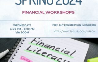 Flyer for Spring 2024 Financial Workshops on Wednesdays from 6:00 PM to 8:00 PM via Zoom. Free registration is required. Includes an image of a notebook with "Financial Literacy" written on it.