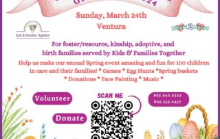 Flyer for "Spring Fling Gift-Away 2024" on Sunday, March 24th in Ventura by Kids & Families Together. Includes volunteer and donation details, QR code, and event activities like games, egg hunts, and music.