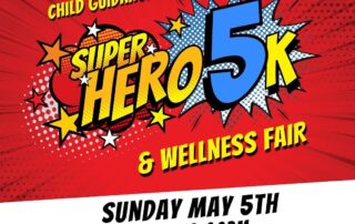 Advertisement for the Super Hero 5K and Wellness Fair by Child Guidance Resource Centers, scheduled for Sunday, May 5th, 9:00 AM to 12:00 PM at Rose Tree Park, Media. Registration at runsignup.com.