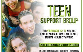 Flyer for a free, in-person support group by NAMI Bucks County PA for teens aged 12-17 experiencing mental health symptoms. Meetings are 2nd and 4th Mondays at 6 PM at St. Luke's Penn Foundation.