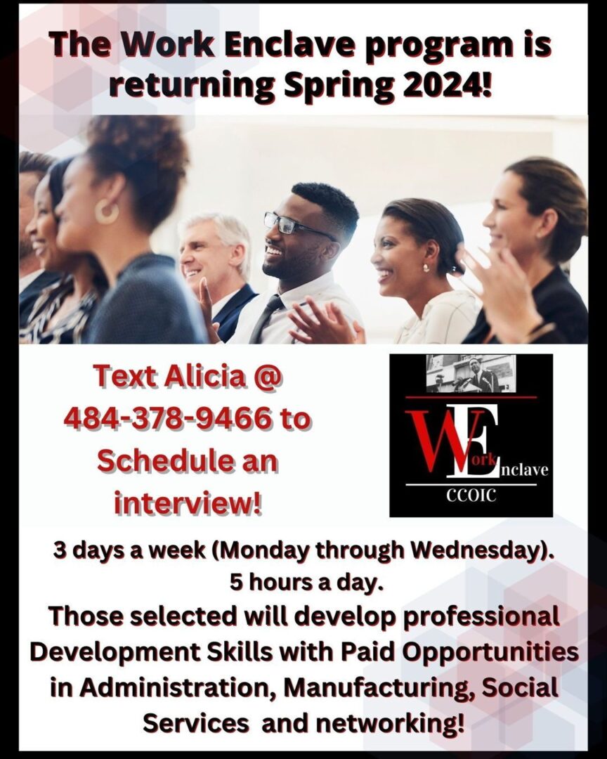 Flyer announcing the Work Enclave program's return in Spring 2024. It includes contact details, emphasizes professional development and networking, and offers paid opportunities in various fields.