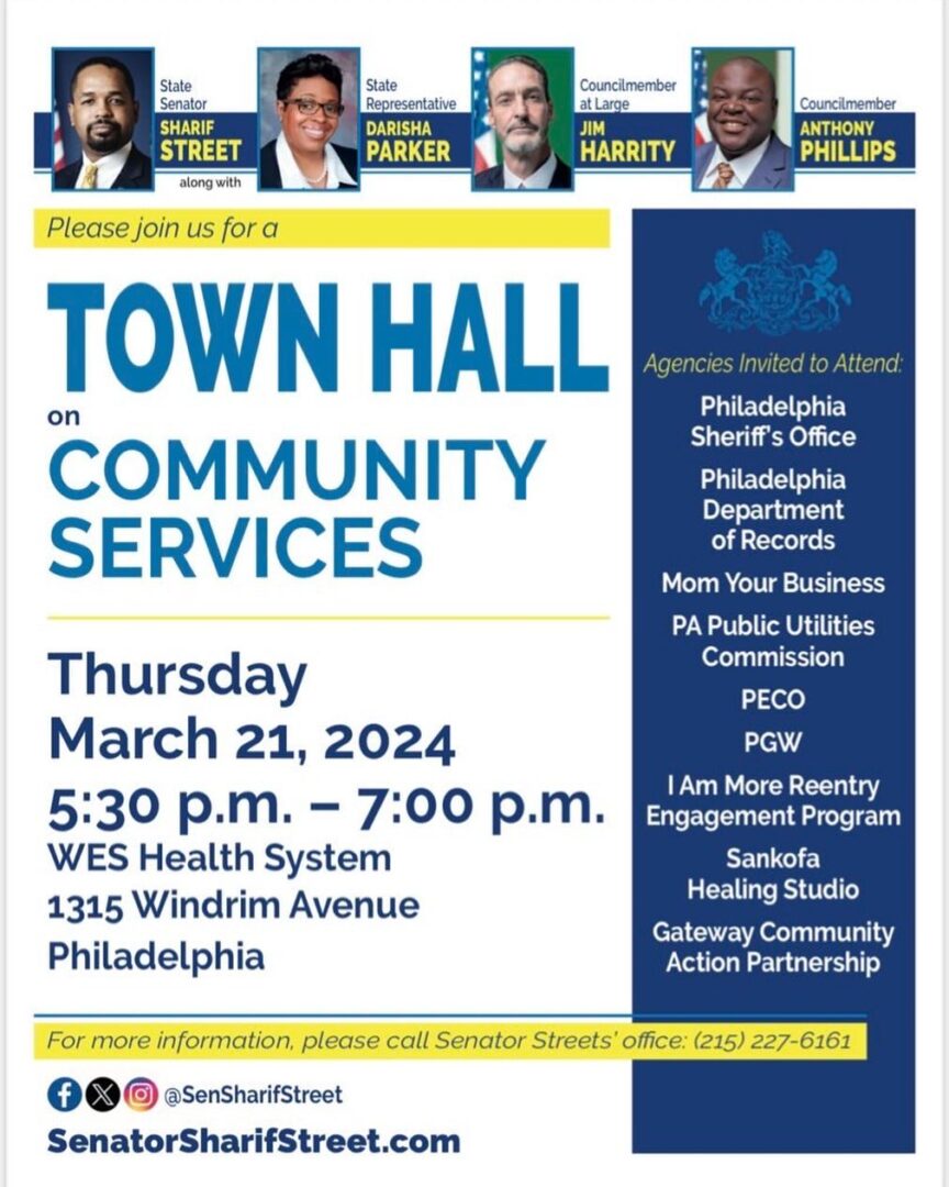 Flyer for a Town Hall on Community Services at WES Health System, 1315 Windrim Avenue, Philadelphia, on March 21, 2024, from 5:30 p.m. to 7:00 p.m. Various agencies to attend. Contact info included.