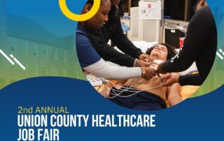 Healthcare professionals attending to a patient on a stretcher. Text overlay: "2nd Annual Union County Healthcare Job Fair, March 20, 2024, 10:00 AM - 2:00 PM EDT, Warinanco Sports Center, Roselle, NJ.