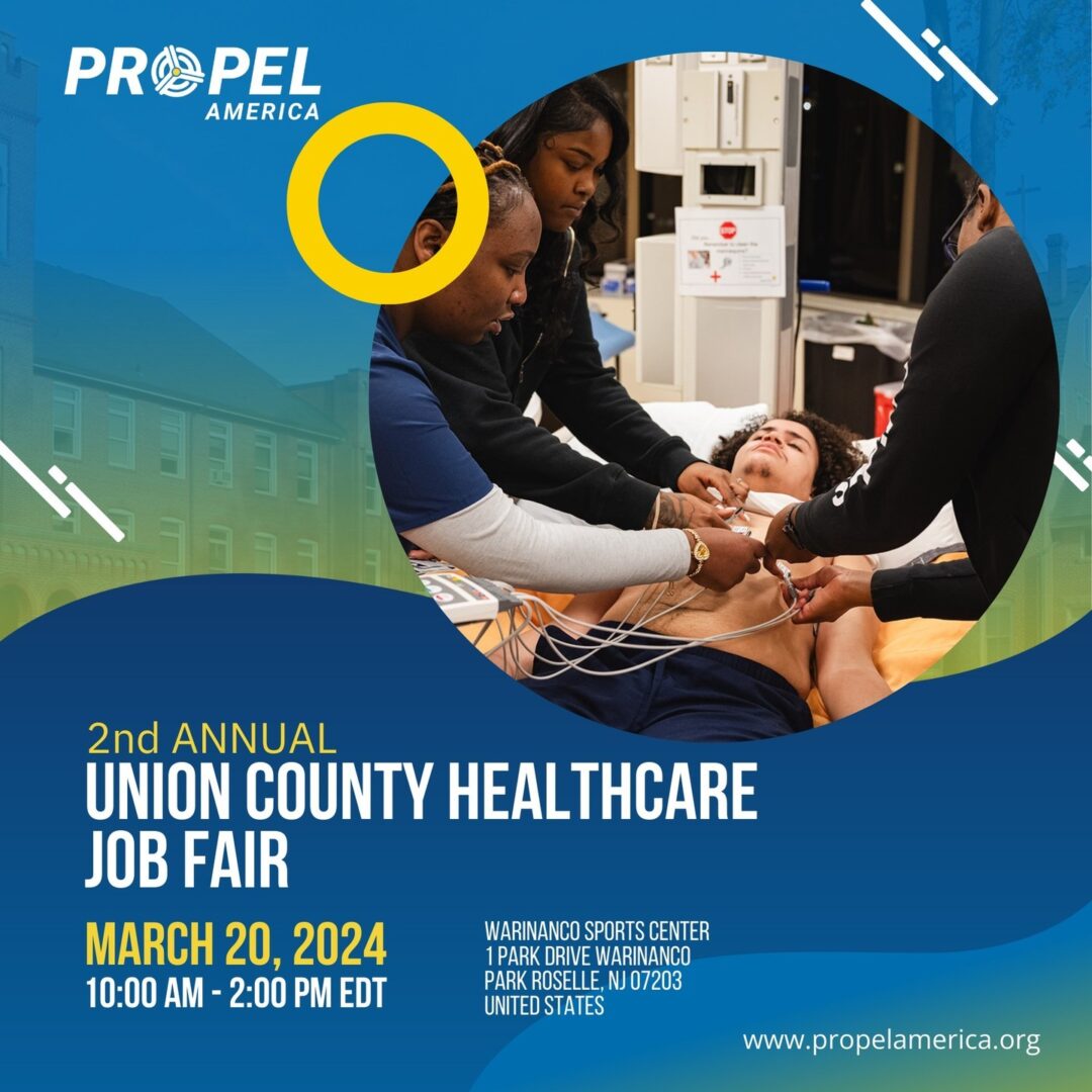 Healthcare professionals attending to a patient on a stretcher. Text overlay: "2nd Annual Union County Healthcare Job Fair, March 20, 2024, 10:00 AM - 2:00 PM EDT, Warinanco Sports Center, Roselle, NJ.