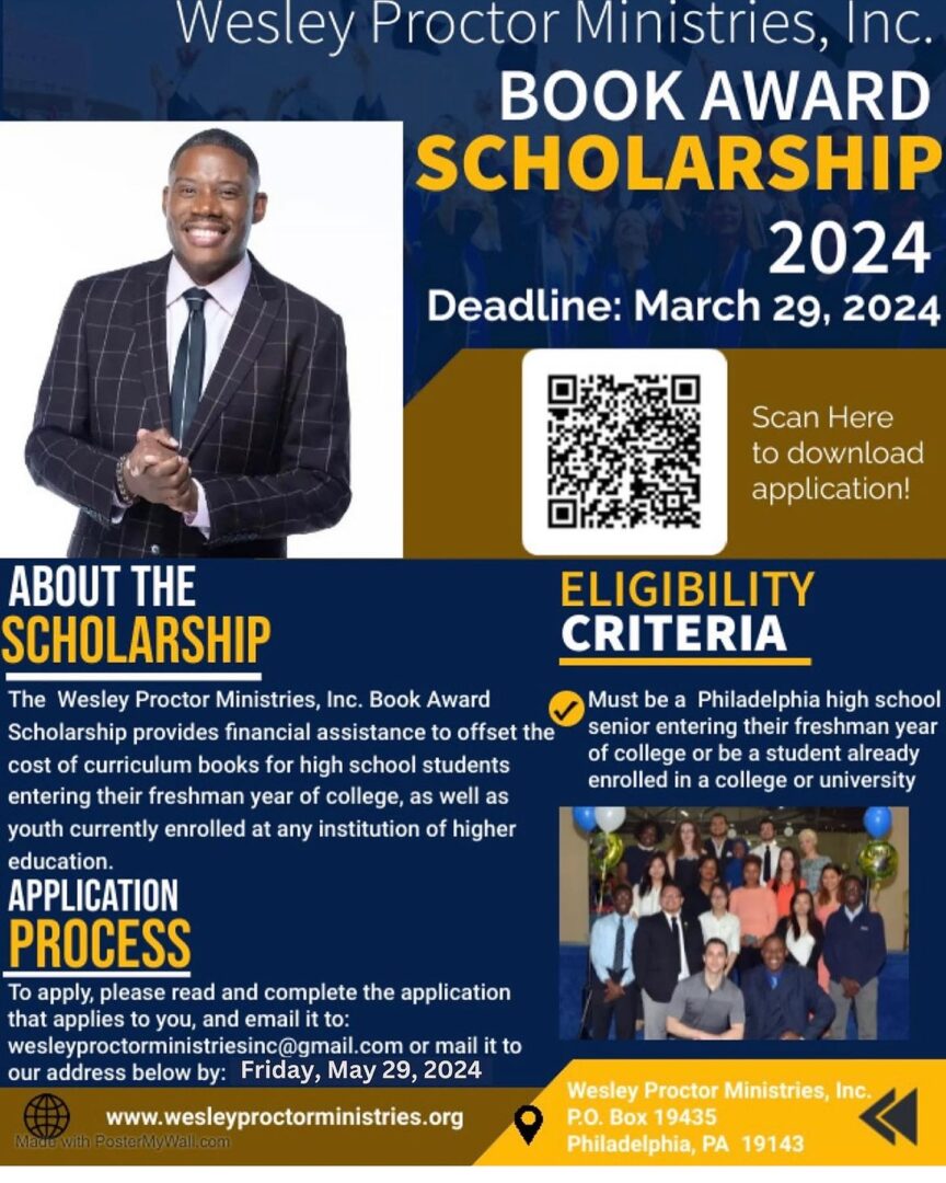 Flyer for the Wesley Proctor Ministries, Inc. Book Award Scholarship 2024 with details on deadline, eligibility, application process, and a QR code for application download. Deadline: March 29, 2024.