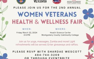 Flyer for the 2nd Annual Women Veterans Health & Wellness Fair on March 22, 2024, at Montgomery County Community College from 3-6 PM. RSVP at 484-744-3269 or through Eventbrite.