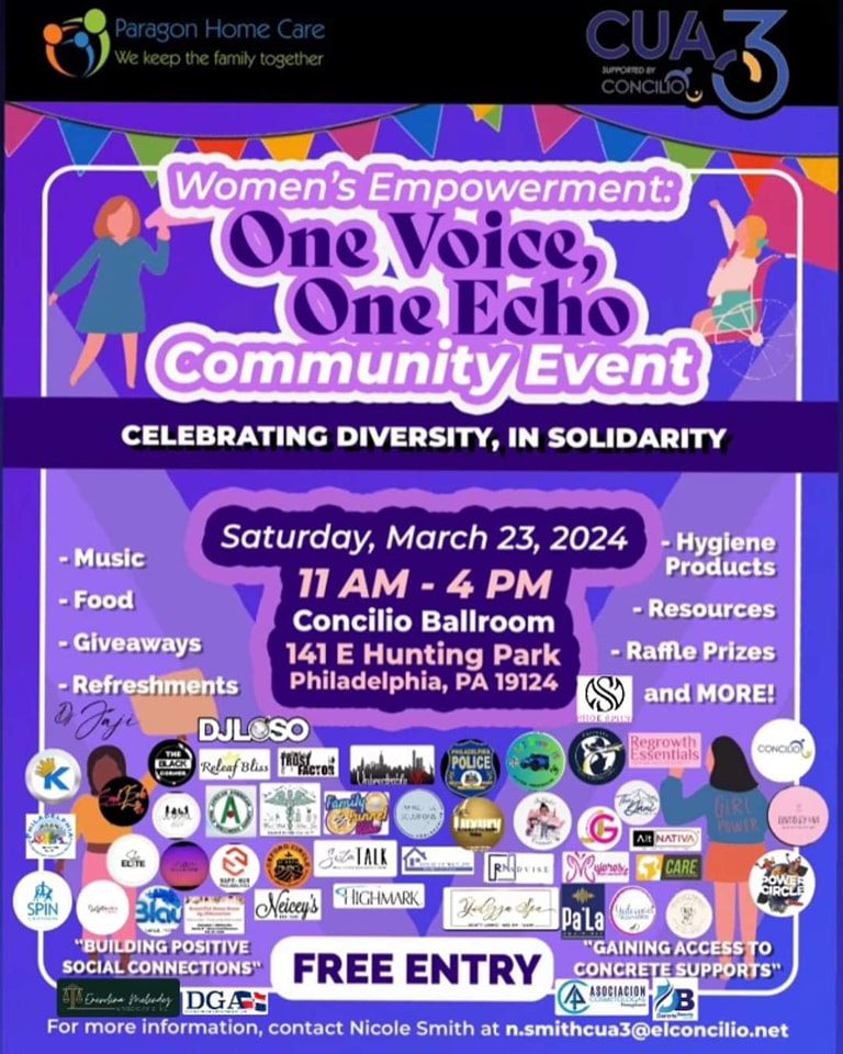 Flyer for the "Women's Empowerment: One Voice, One Echo" community event on March 23, 2024, from 11 AM to 4 PM at Concilio Ballroom, Philadelphia. Features music, food, giveaways, and resources. Free entry.