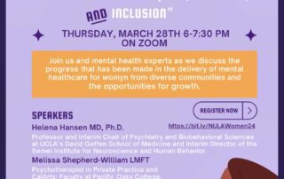 Flyer for a virtual event titled "Women Who Advocate for Mental Healthcare Equity, Diversity, and Inclusion," organized by NAMI Urban Los Angeles and CalHOPE, scheduled for Thursday, March 28th, 6-7:30 PM via Zoom.