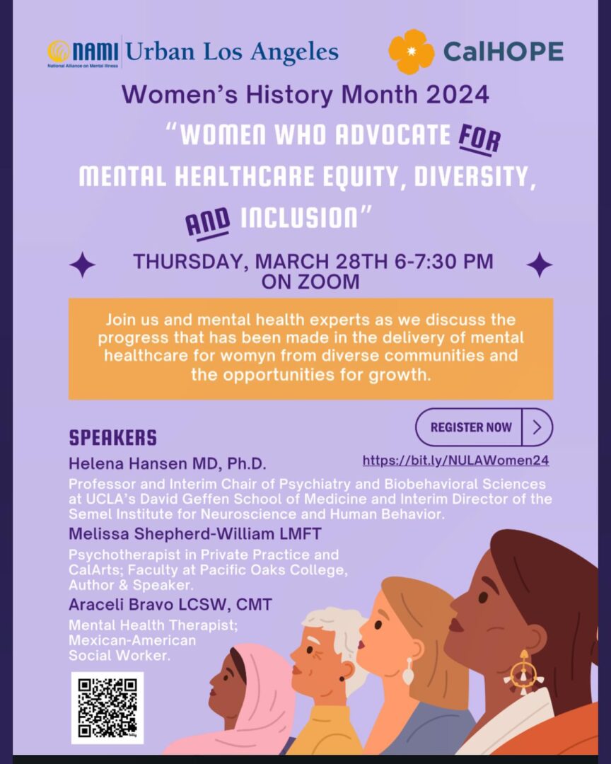 Flyer for a virtual event titled "Women Who Advocate for Mental Healthcare Equity, Diversity, and Inclusion," organized by NAMI Urban Los Angeles and CalHOPE, scheduled for Thursday, March 28th, 6-7:30 PM via Zoom.