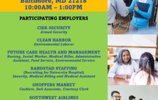 Flyer for March Madness Career Fair on March 21, 2024, from 10:00 AM to 1:00 PM at 100 W. 23rd Street, Baltimore, MD. Participating employers listed with registration link and logos at the bottom.