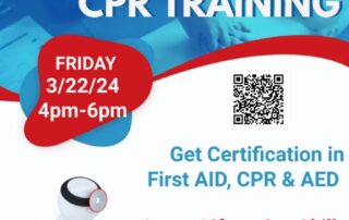 Youth First Aid & CPR Training flyer. Event on Friday, 3/22/24 from 4pm-6pm at the Nonprofit Community Center, 1501 E. Fayette St., Baltimore, MD. Contact at www.richfoundationhearts.net.