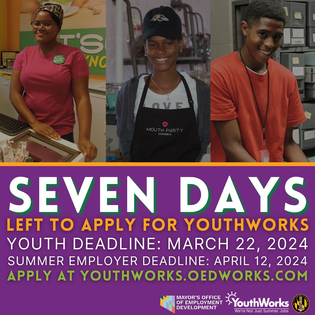 Three teenagers smile as they work in various jobs. Text reads: "Seven days left to apply for YouthWorks. Youth deadline: March 22, 2024. Summer employer deadline: April 12, 2024. Apply at YouthWorks.oedworks.com.